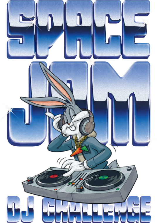 Space Jam DJ Challenge promotional graphic featuring Bugs Bunny wearing headphones and mixing on turntables