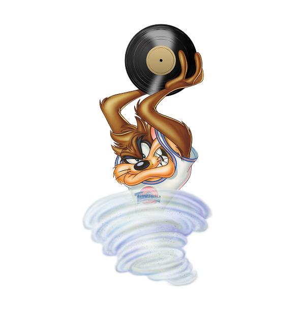 Taz the Tasmanian Devil spinning upside down in a white tornado while holding a vinyl record.