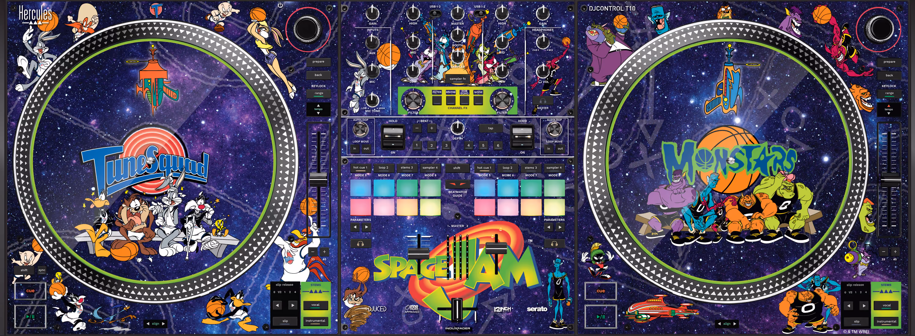 Space Jam-themed Hercules DJ controller with Tune Squad and Monstars artwork on a purple galaxy background
