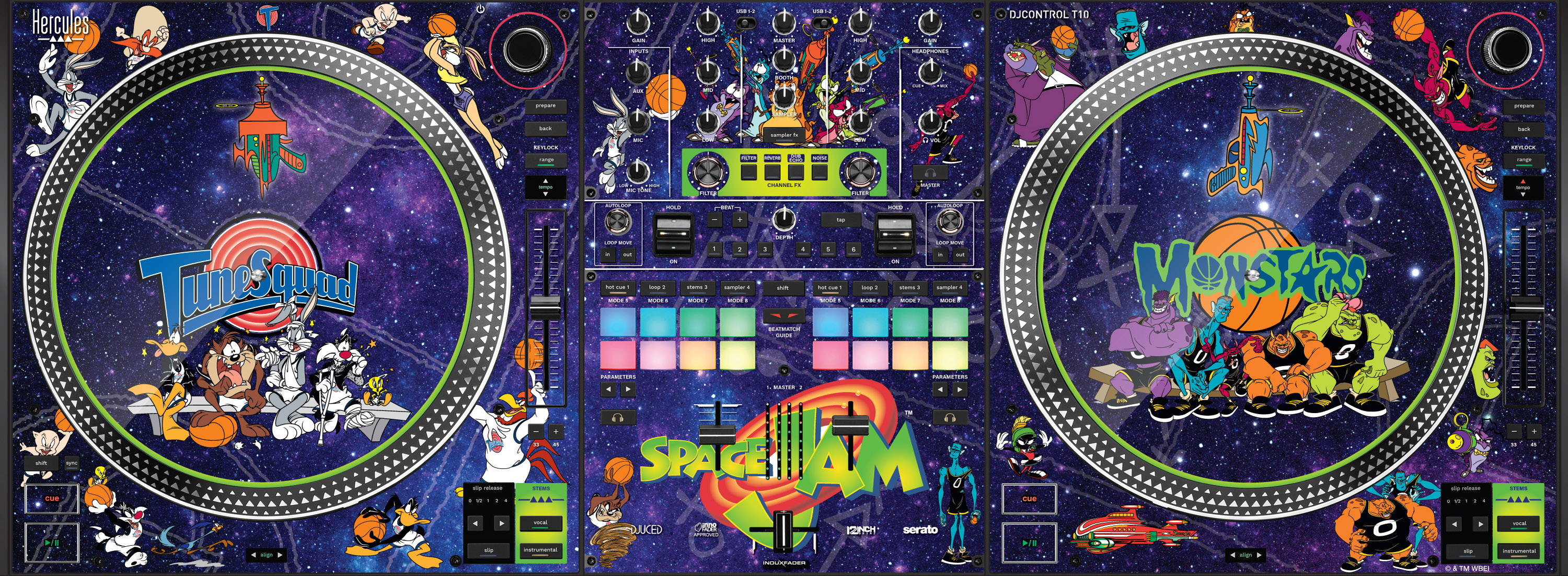 Space Jam-themed Hercules DJ controller with Tune Squad and Monstars artwork on a purple galaxy background