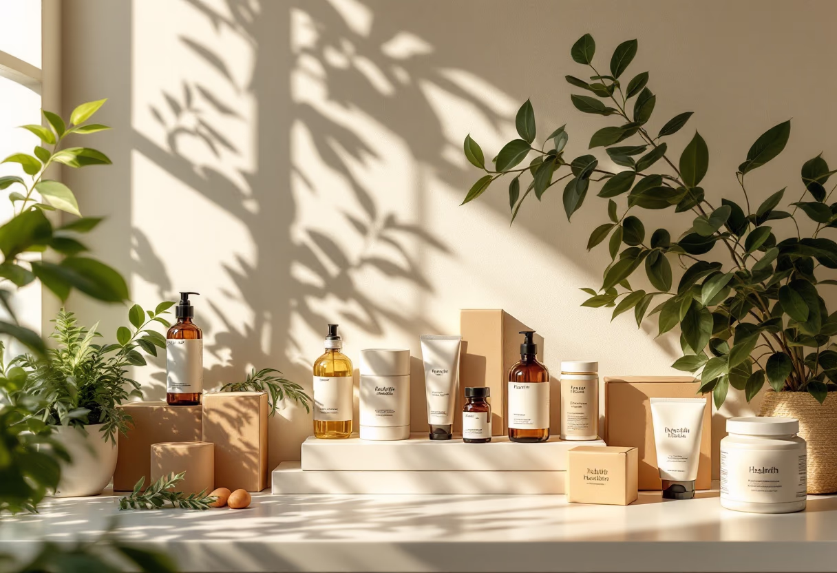 [background image] variety of pharmaceutical products on display (for a pharmacy)