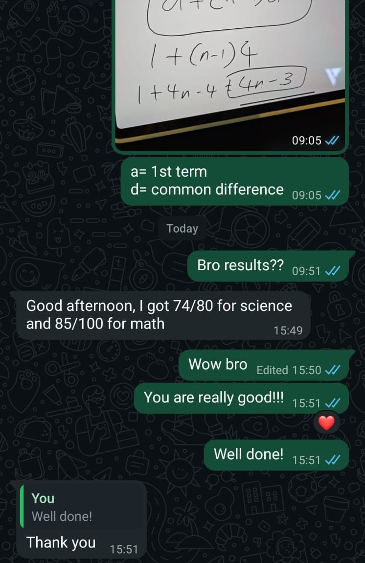 Student message thanking tutor for improvement in O-Level Chemistry understanding