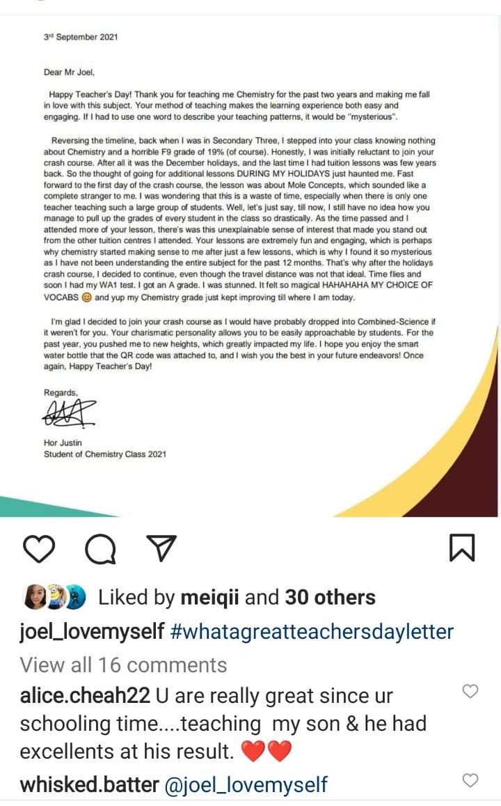 Student testimonial sharing success in O-Level Chemistry tuition