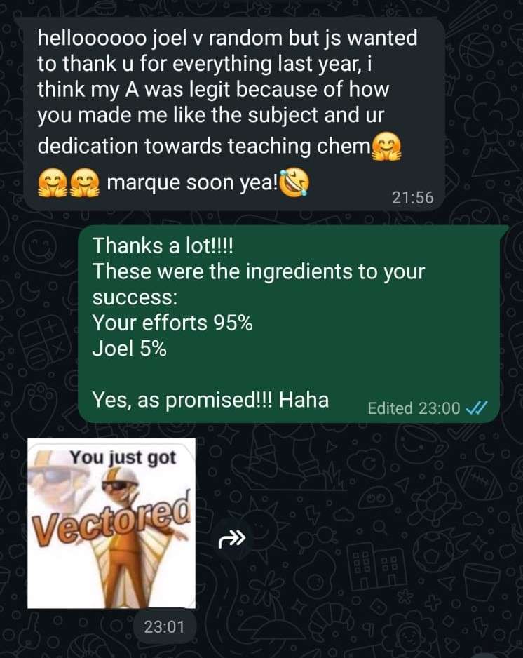 Student message thanking tutor for improvement in O-Level Chemistry understanding