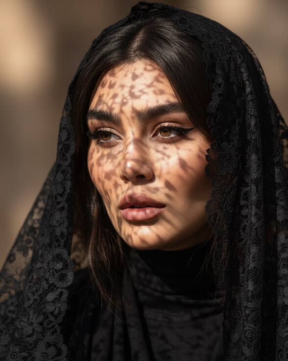 پرترهٔ رسمی رنگی سحر قریشی با لباس دانتل