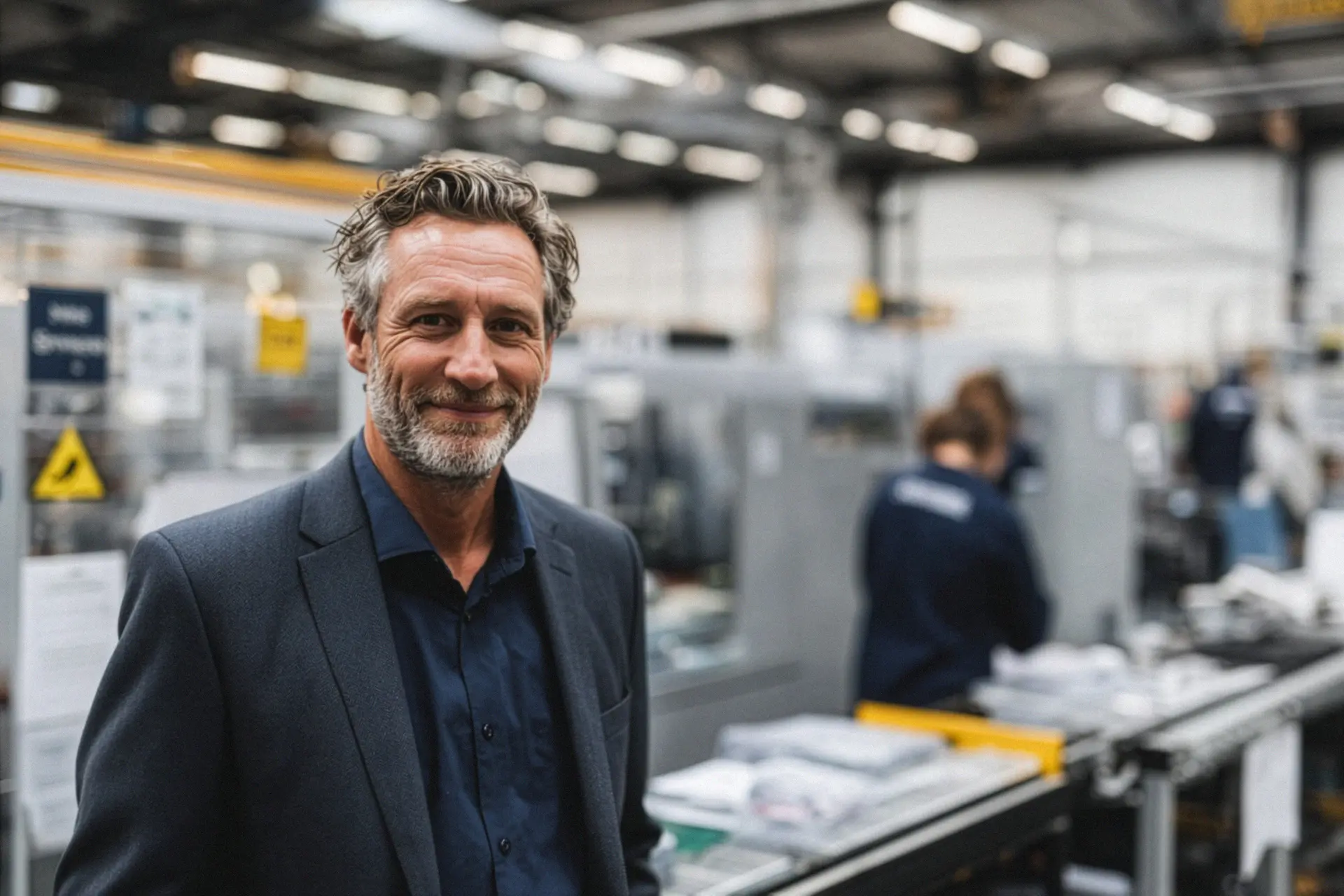 Smiling middle-aged man in a dark blazer and shirt standing inside a busy industrial factory.