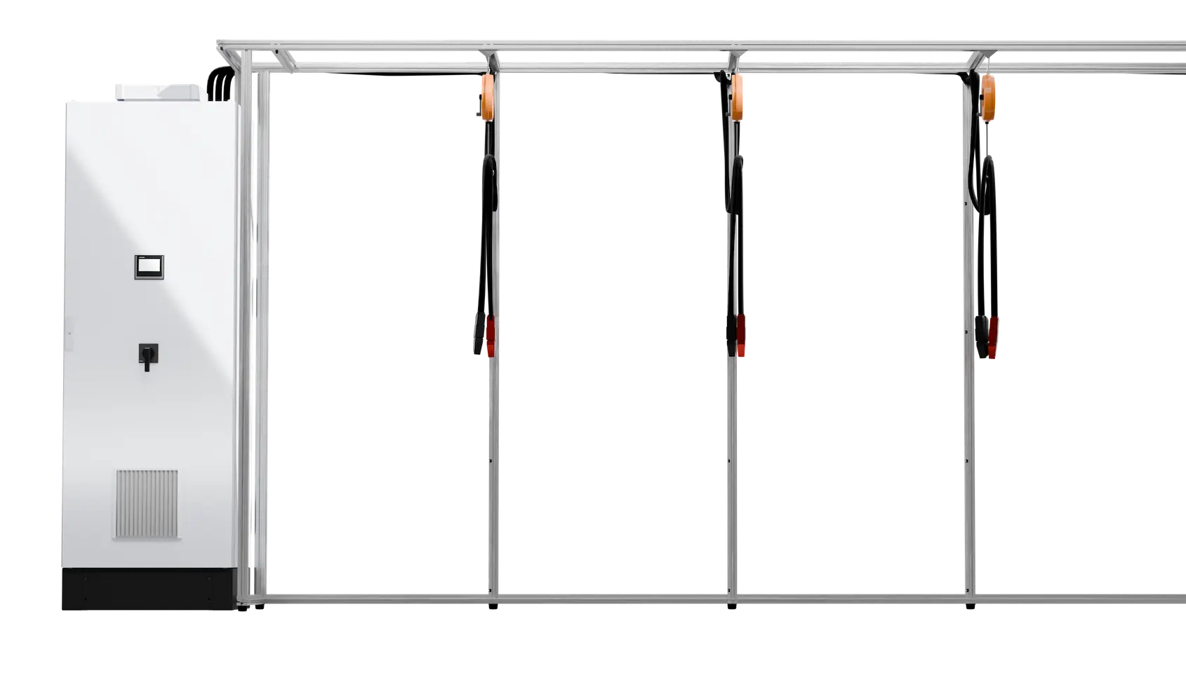 Averon Enerloop 3D Modell Darstellung von vorn mit Anschlüssen zum ENtladen von Batterien aus Elektrofahrzeugen