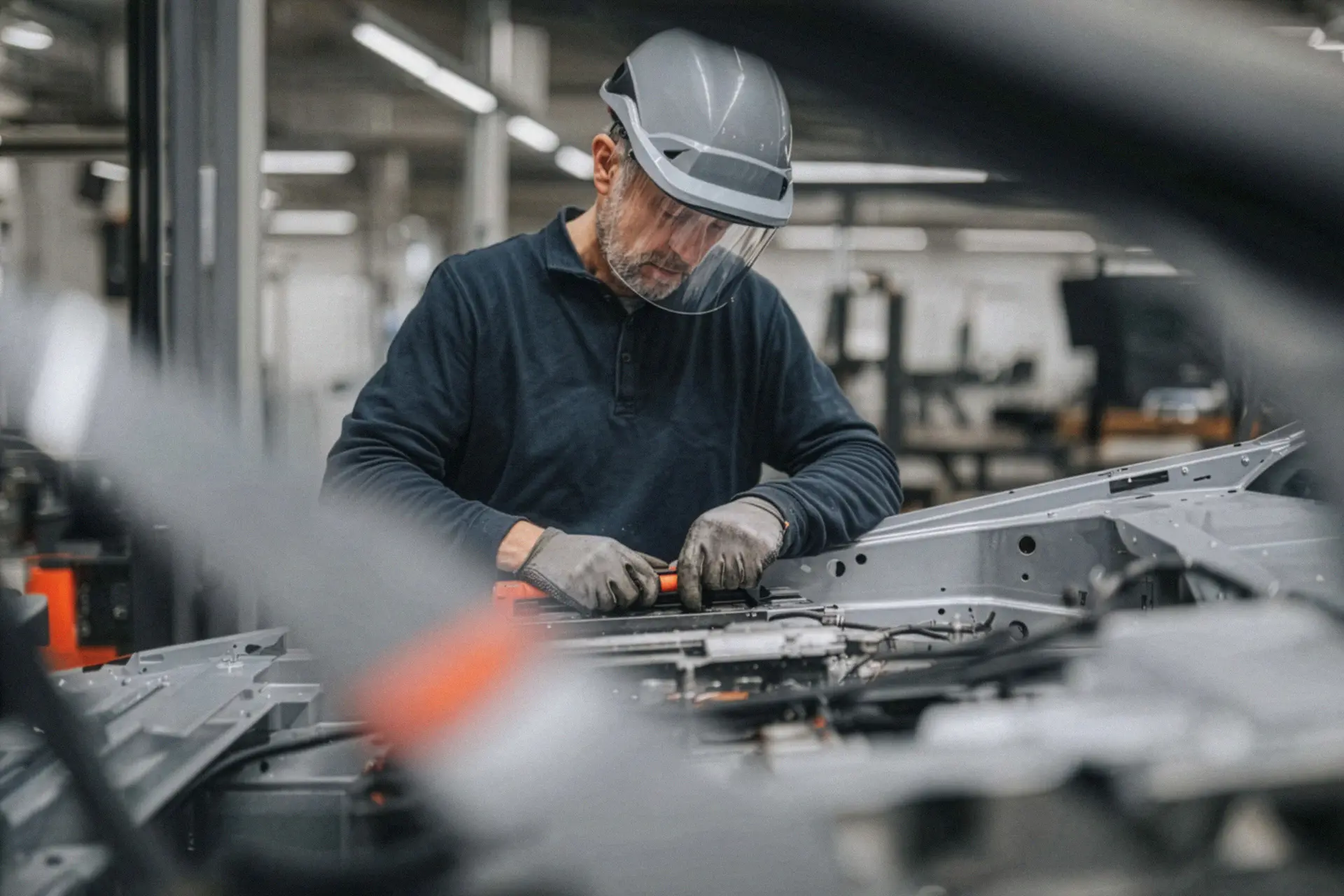 Techniker arbeitet an dem Ausbau einer Hochvoltbatterie aus einem Elektrofahrzeug – präzise Wartung als Teil des Enerloop-Hochvoltentladesystems von Averon Technologies.