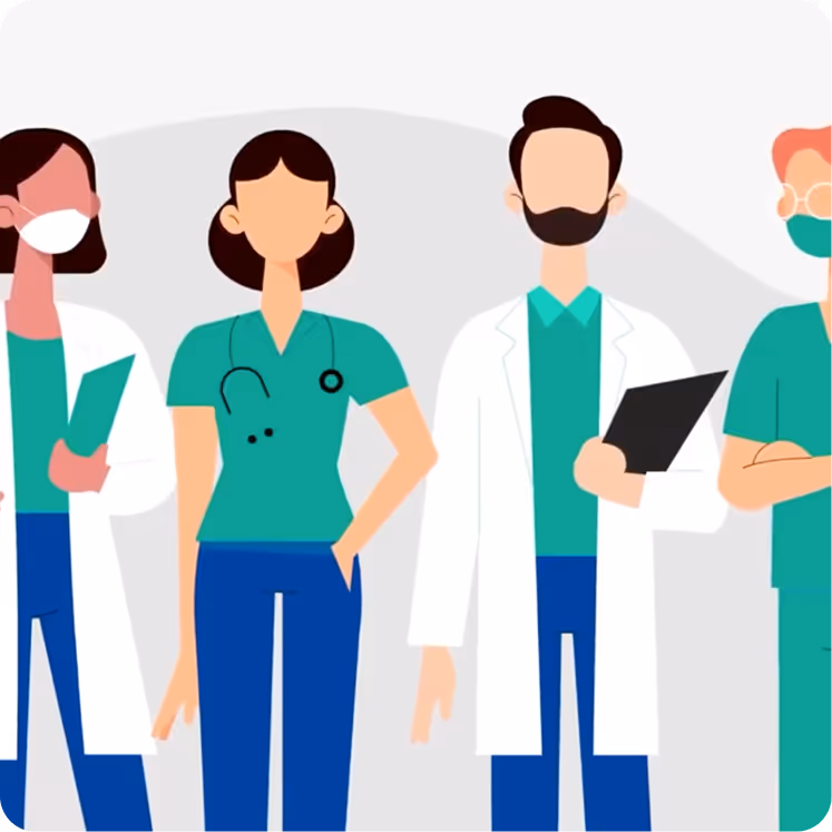 Illustration of four healthcare professionals wearing scrubs, lab coats, masks, and stethoscopes.