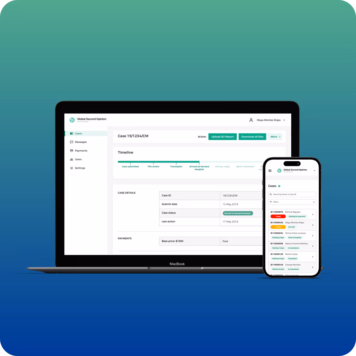Laptop and smartphone displaying the Global Second Opinion medical interface with case details and payment status.