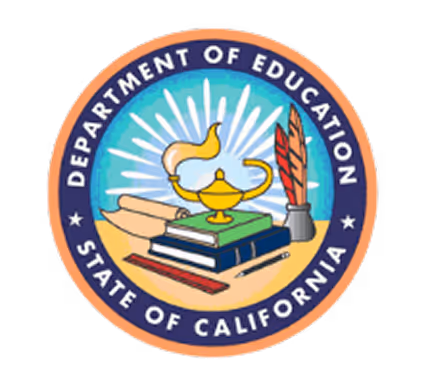 Seal of the California Department of Education featuring a golden oil lamp, books, a quill, and a scroll on a blue and peach circular background.
