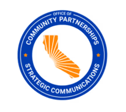 Seal of the Office of Community Partnerships Strategic Communications featuring an orange stylized map of California inside a blue circular border with white text.
