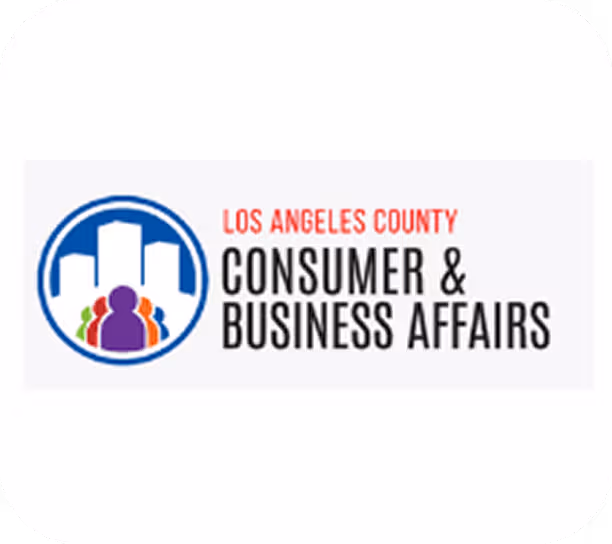 Logo for Los Angeles County Consumer & Business Affairs featuring stylized buildings and multicolored human figures in a circle.