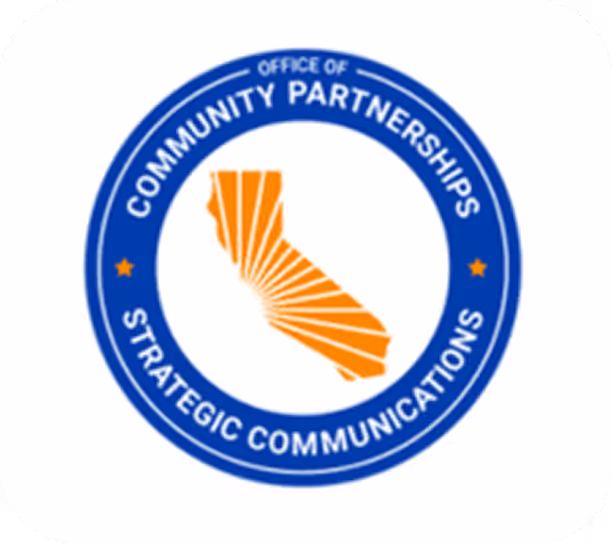 Logo with an orange stylized map of California surrounded by a blue circular border containing the text 'Office of Community Partnerships Strategic Communications' and two orange stars.