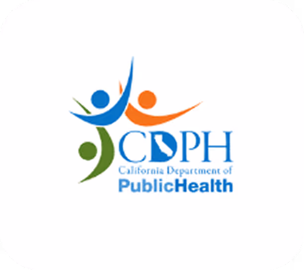 California Department of Public Health logo with stylized figures in blue, orange, and green around the letters CDPH and a silhouette of California.