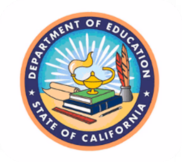Seal of the California Department of Education featuring a lamp, scrolls, books, a ruler, and quill pens.