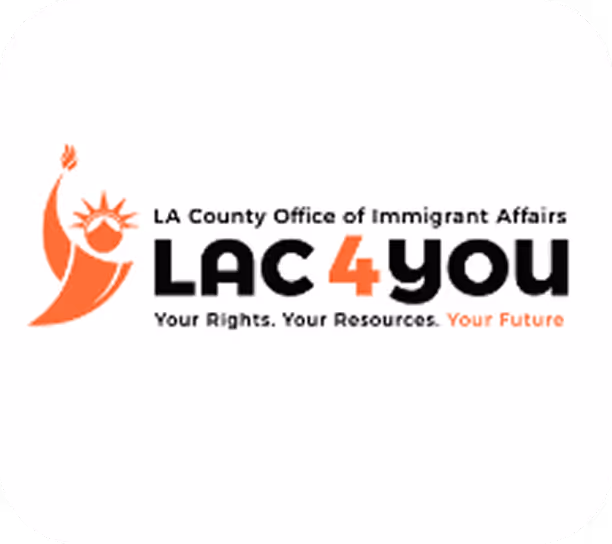 Logo for LA County Office of Immigrant Affairs with stylized Statue of Liberty figure and text LAC4you Your Rights. Your Resources. Your Future.