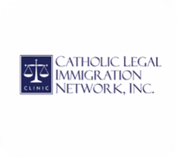 Logo of Catholic Legal Immigration Network, Inc. with scales of justice icon.