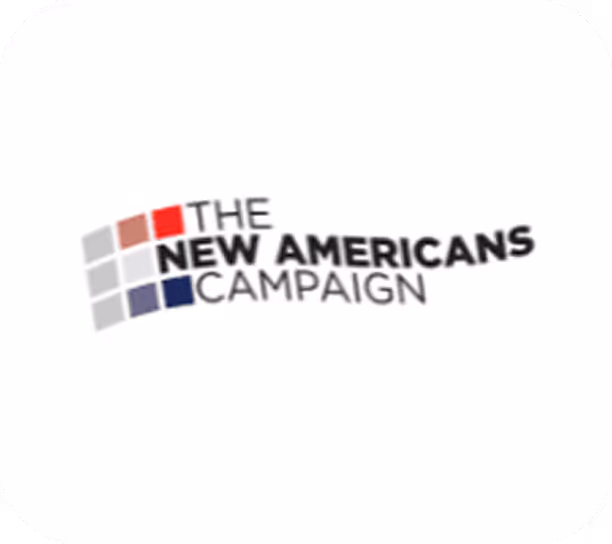 Logo of The New Americans Campaign with colored squares in red, gray, and blue.