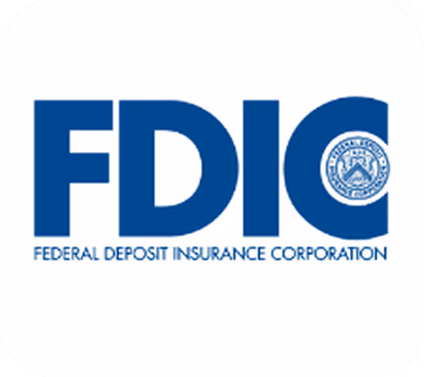 FDIC logo with blue letters and a small federal seal in the letter C, text reads Federal Deposit Insurance Corporation.