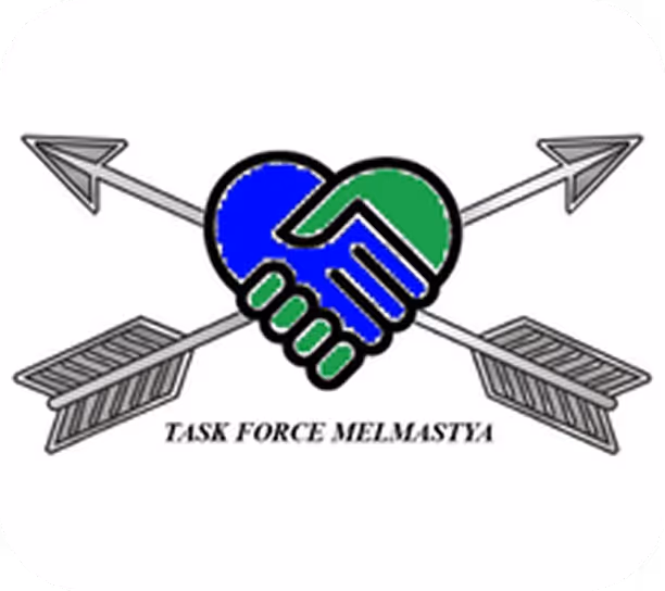 Logo with two crossed arrows behind a heart-shaped handshake in blue and green, captioned 'TASK FORCE MELMASTYA'.