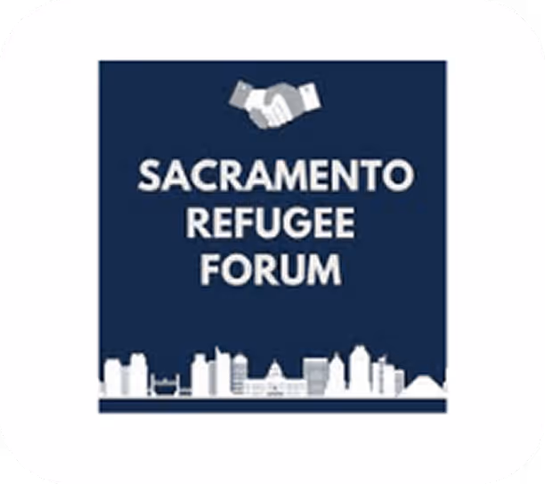 Logo of Sacramento Refugee Forum with handshake icon above text and Sacramento skyline silhouette below.