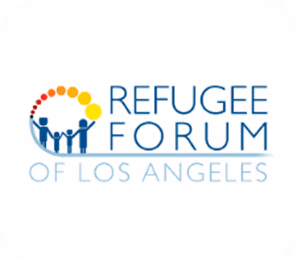 Logo of Refugee Forum of Los Angeles with a graphic of a family holding hands under a circle of colored dots.