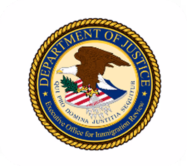 Seal of the Department of Justice featuring a bald eagle holding an olive branch and arrows, encircled by a rope border with text referencing the Executive Office for Immigration Review.