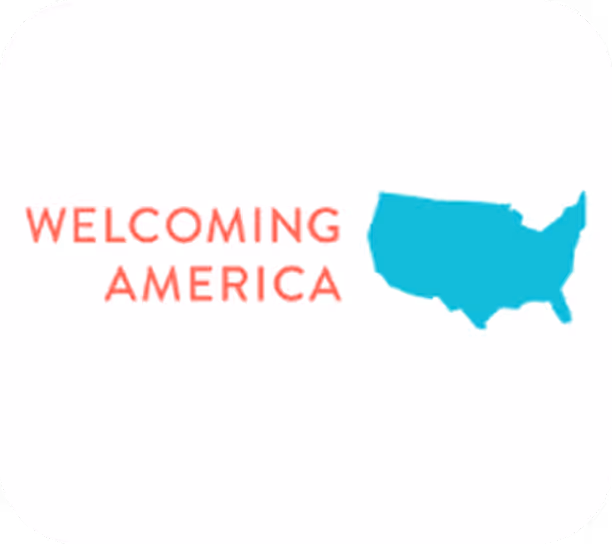 Text 'Welcoming America' in red next to a blue silhouette of the continental United States.