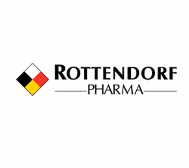 Rottendorf Pharma company logo with a diamond-shaped icon divided into black, white, red, and yellow sections.