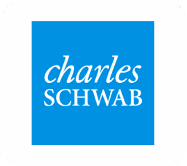 Charles Schwab logo with white text on a blue square background.