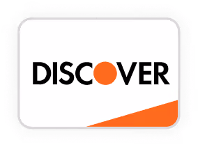 White payment card with the word Discover and an orange circle replacing the letter O, with an orange triangular accent at the bottom right.