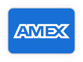 American Express logo with white letters on a blue rounded rectangle background.