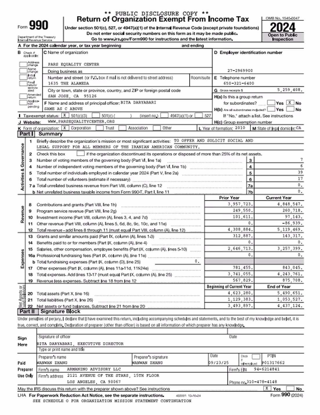 IRS Form 990 for tax year 2024 filed by Pars Equality Center, showing organization details, mission statement, revenues, expenses, and signature block.