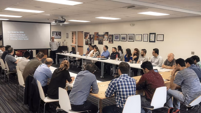 Group of people seated in a conference room attending a presentation on 2024 goals.