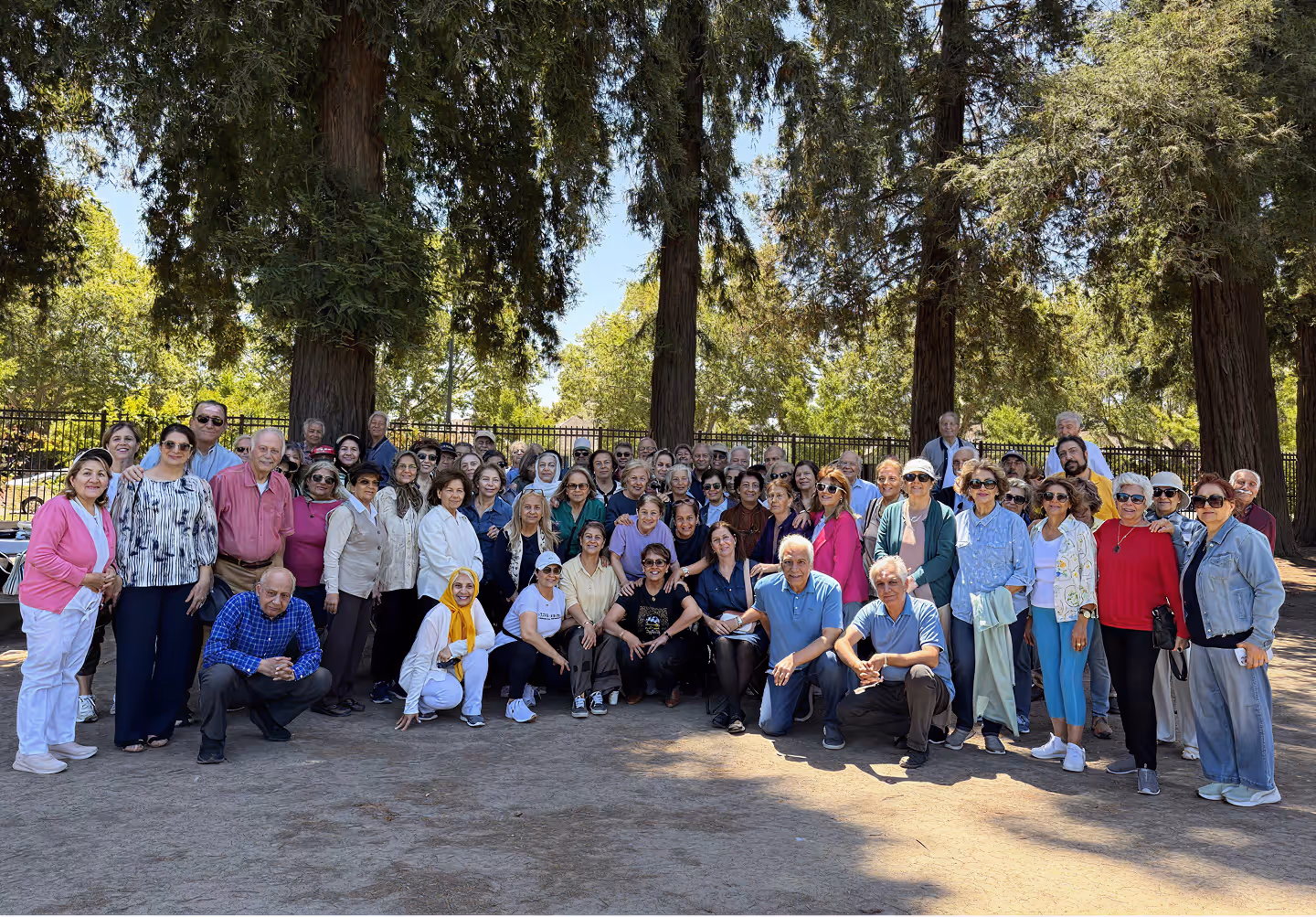 Large group of older adults posing outdoors under tall trees on a sunny day.