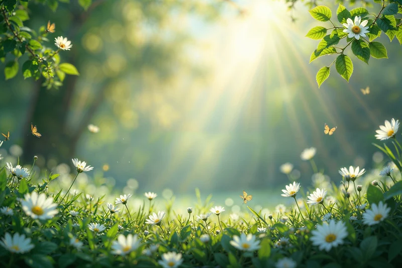 Rayons de soleil traversant un champ de marguerites blanches avec des papillons volants.