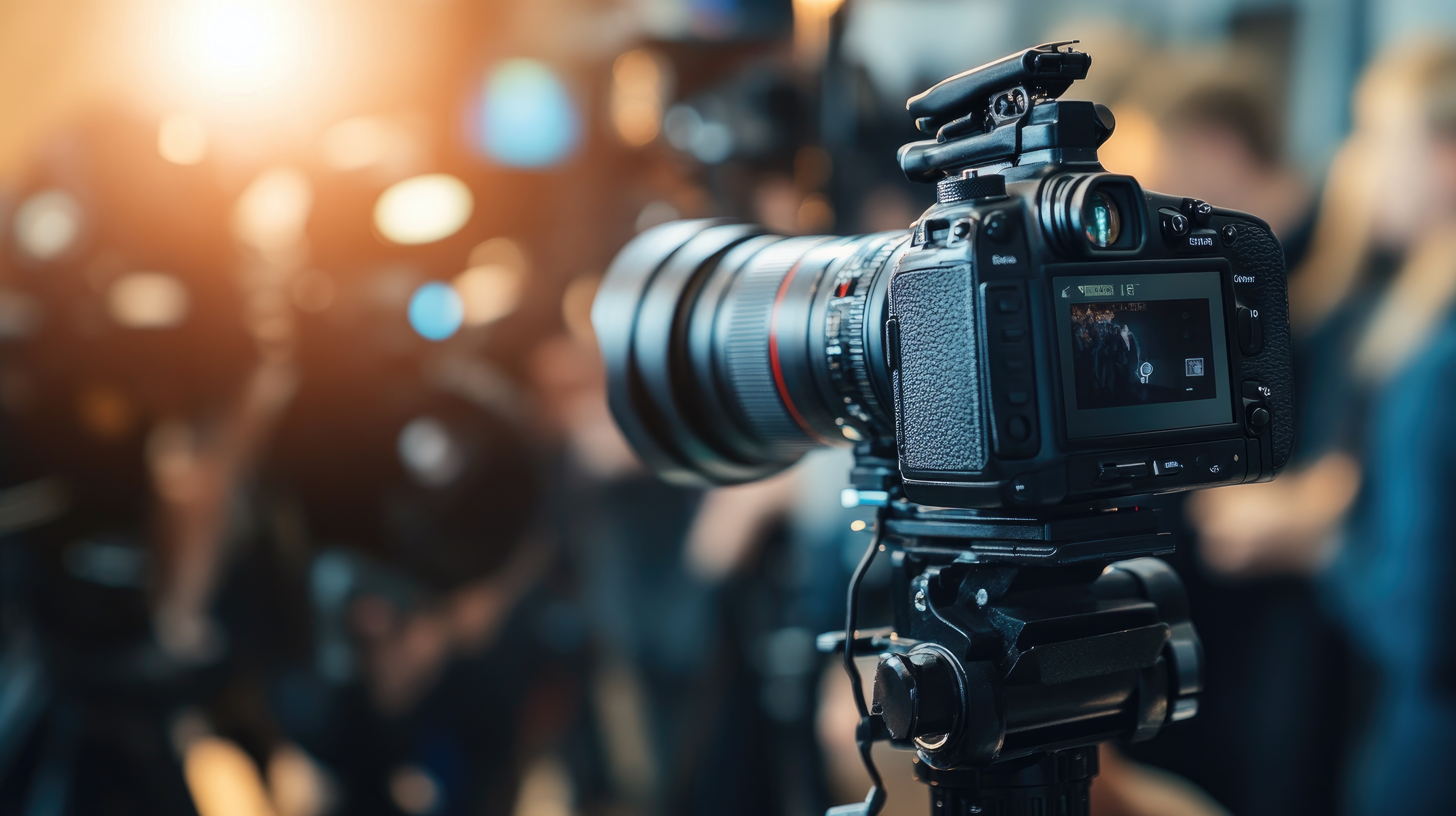 Appareil photo numérique professionnel monté sur un trépied, avec un écran affichant une photo, dans un environnement flou avec des lumières chaudes.