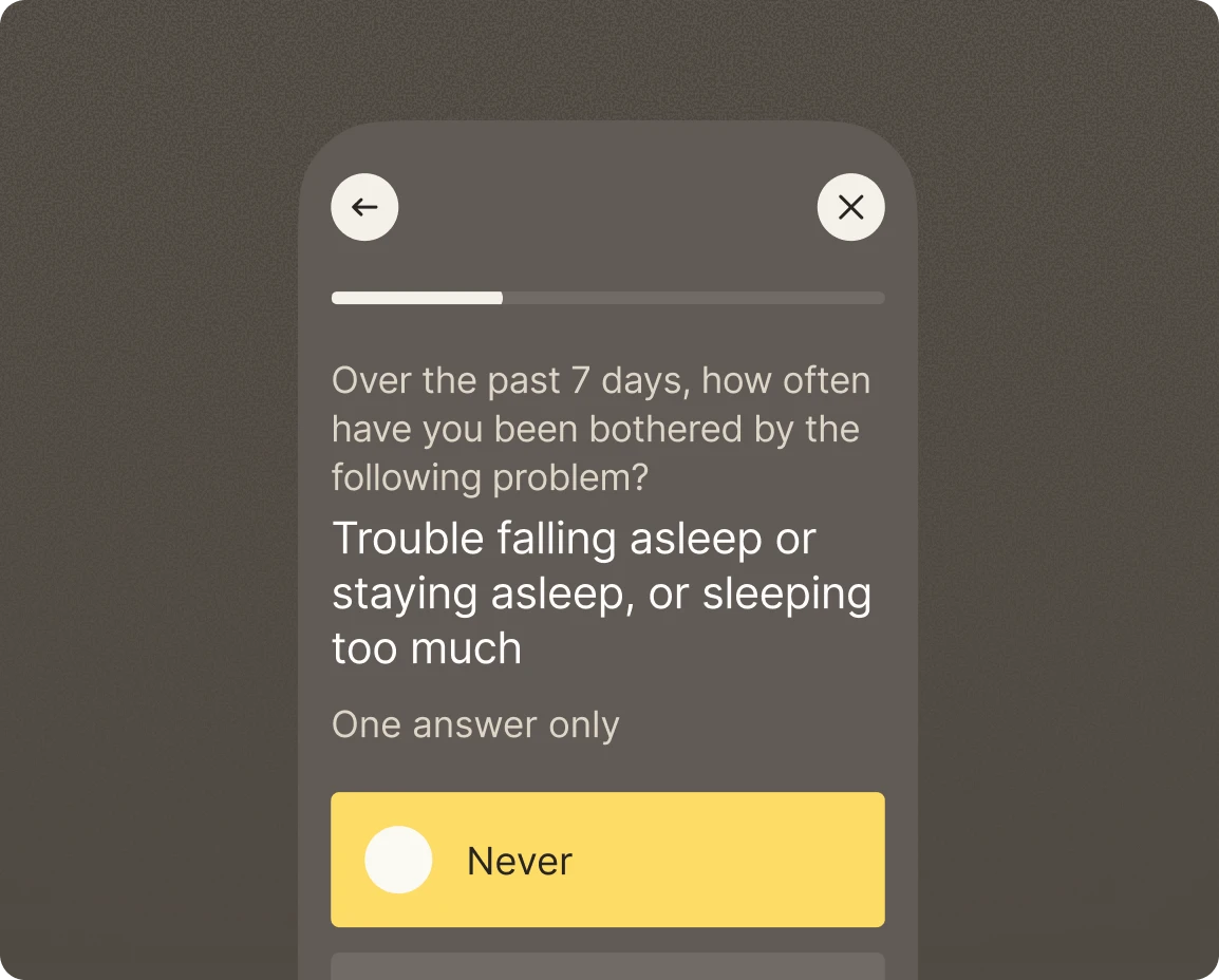 Screenshot of Resilience psychiatry app symptom declaration screen in English