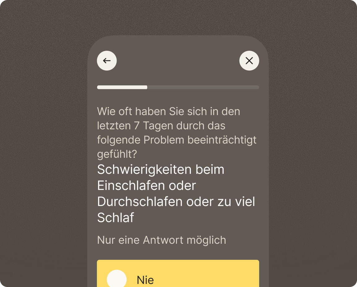 Fragebogen in der Patienten-App: Frage nach Schlafproblemen in den letzten sieben Tagen mit Einfachauswahl und Antwortmöglichkeit „Nie".
