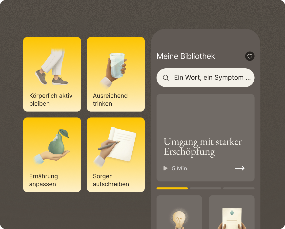 Patienten-App von Resilience: Karten mit Empfehlungen zu Bewegung, Trinken, Ernährung und Sorgen sowie die Mediathek „Meine Bibliothek" mit Suchfeld und einem Beitrag zum Umgang mit starker Erschöpfung.