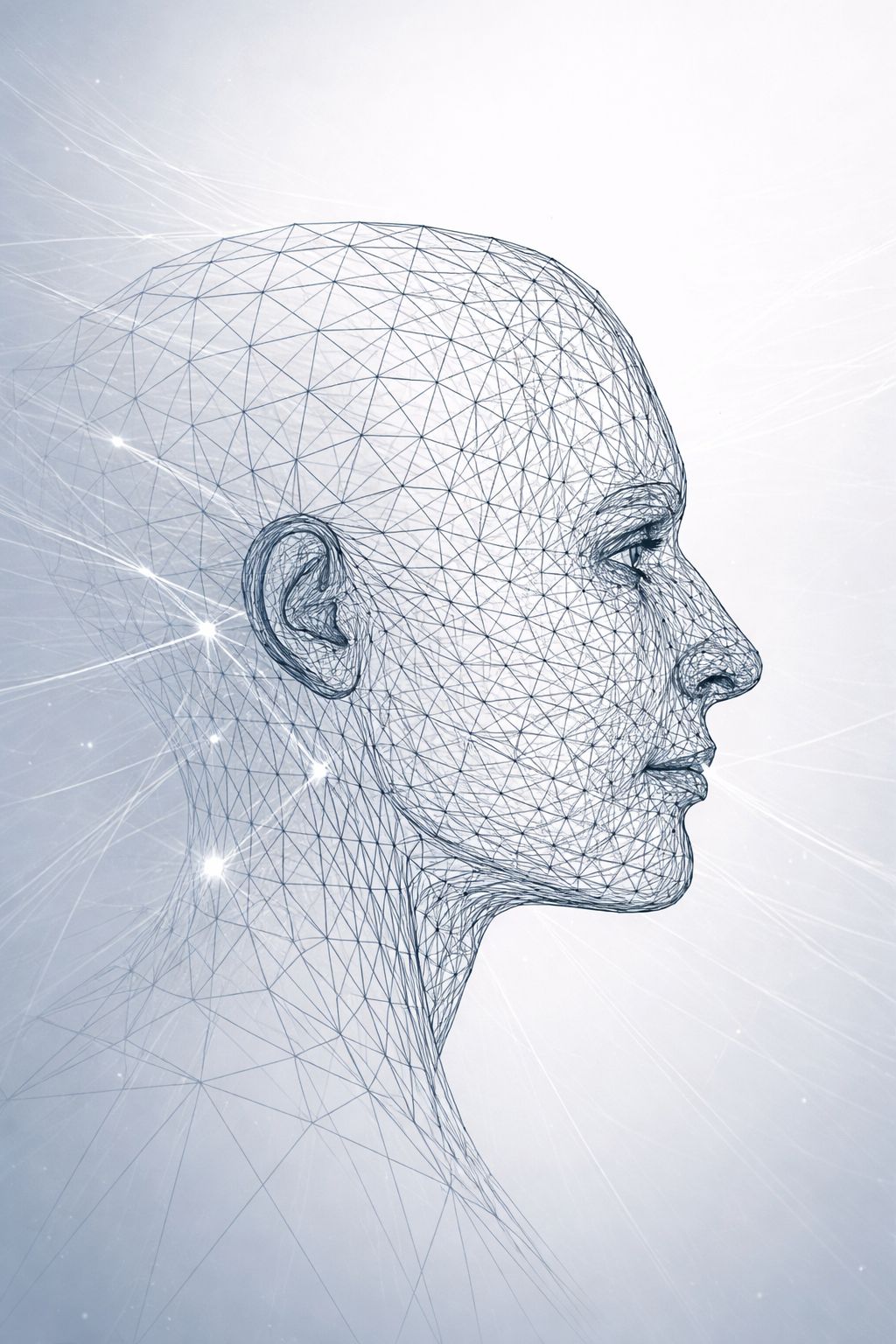 Drahtgittermodell eines menschlichen Kopfes im Profil vor hellem Hintergrund mit leuchtenden Punkten.