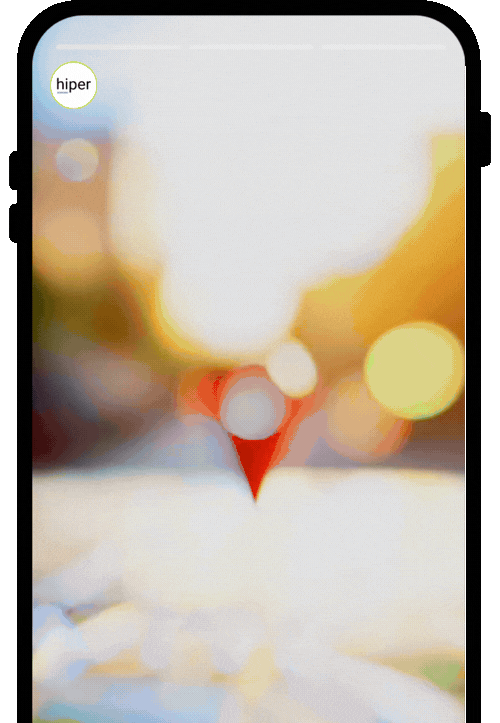 Animated smartphone screen showing a red map location pin over a blurred city street background with bokeh lights.