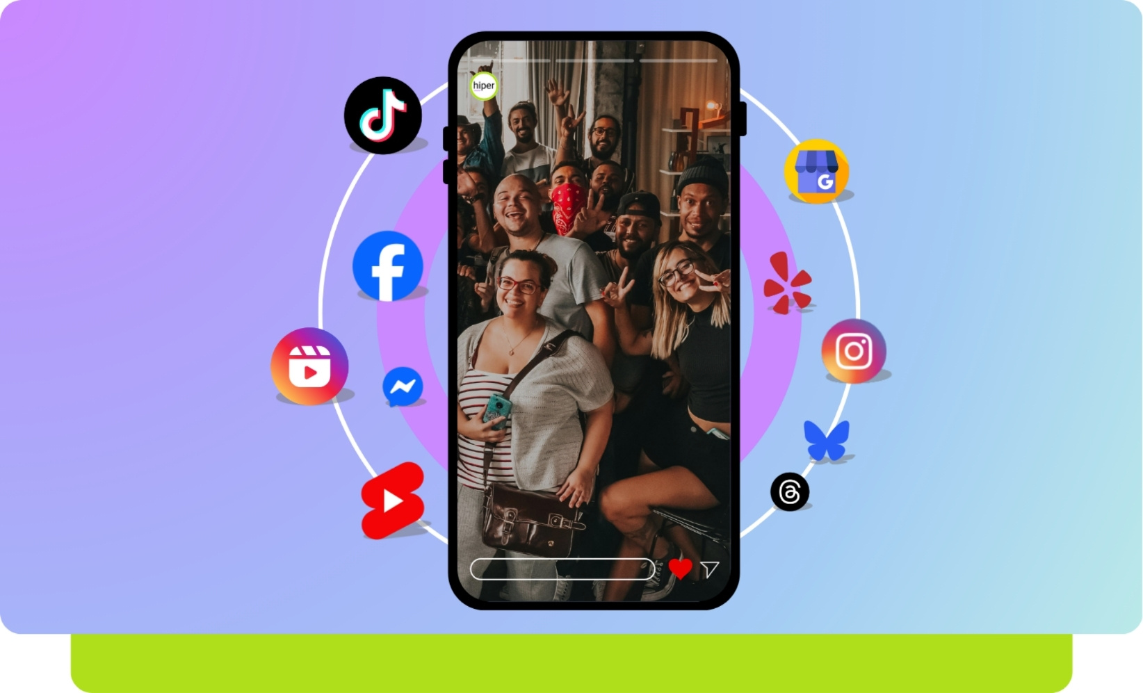 Group of diverse people smiling and posing for a photo inside a smartphone frame surrounded by social media icons including TikTok, Facebook, Instagram, YouTube, and Google My Business.
