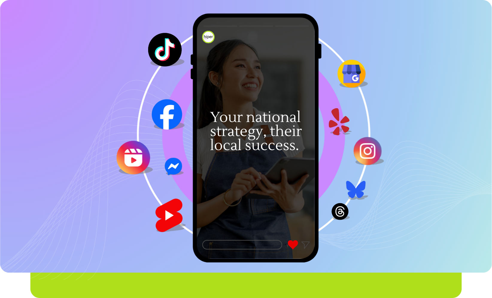 Smartphone displaying a smiling woman holding a tablet with text 'Your national strategy, their local success,' surrounded by social media icons on a purple and blue gradient background.