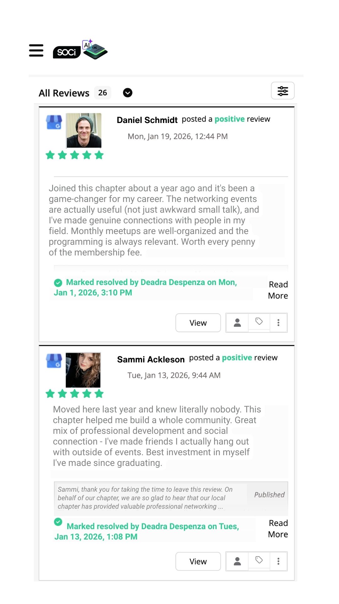 Screenshot of two positive reviews on a networking platform by Daniel Schmidt and Sammi Ackleson with profile photos and five-star ratings, dated January 2026.