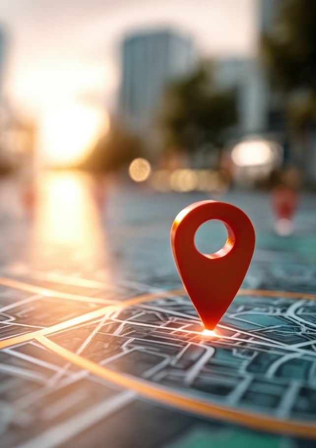 Red location pin glowing on a digital city map with a blurred urban background in warm sunlight.