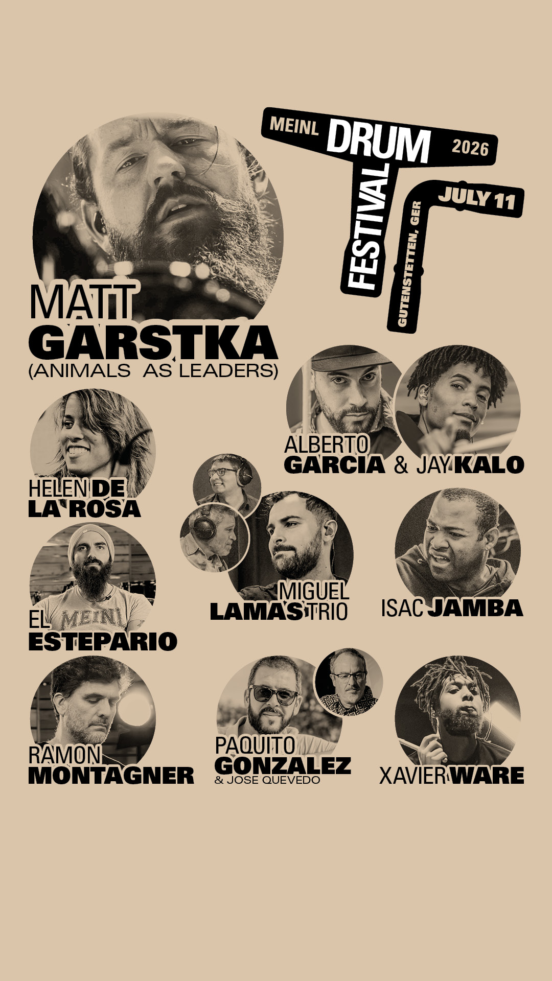 Meinl Drum Festival 2026 poster featuring sepia-toned portraits of drummers Matt Garstka, Helen de la Rosa, El Estepario, Ramon Montagner, Alberto Garcia, Jay Kalo, Miguel Lamas Trio, Isac Jamba, Paquito Gonzalez & Jose Quevedo, and Xavier Ware with their names.
