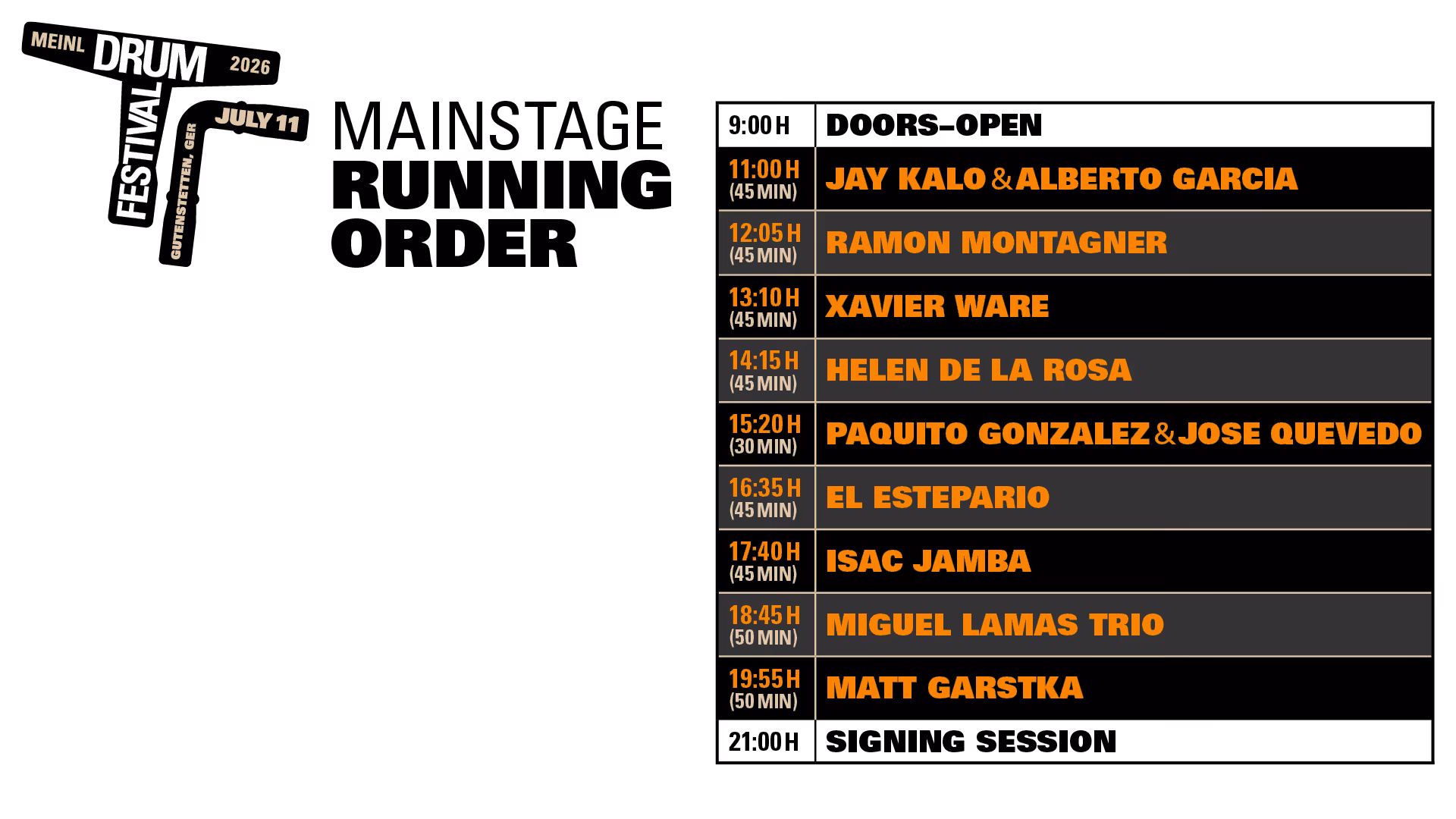 running order meinl drum festival
