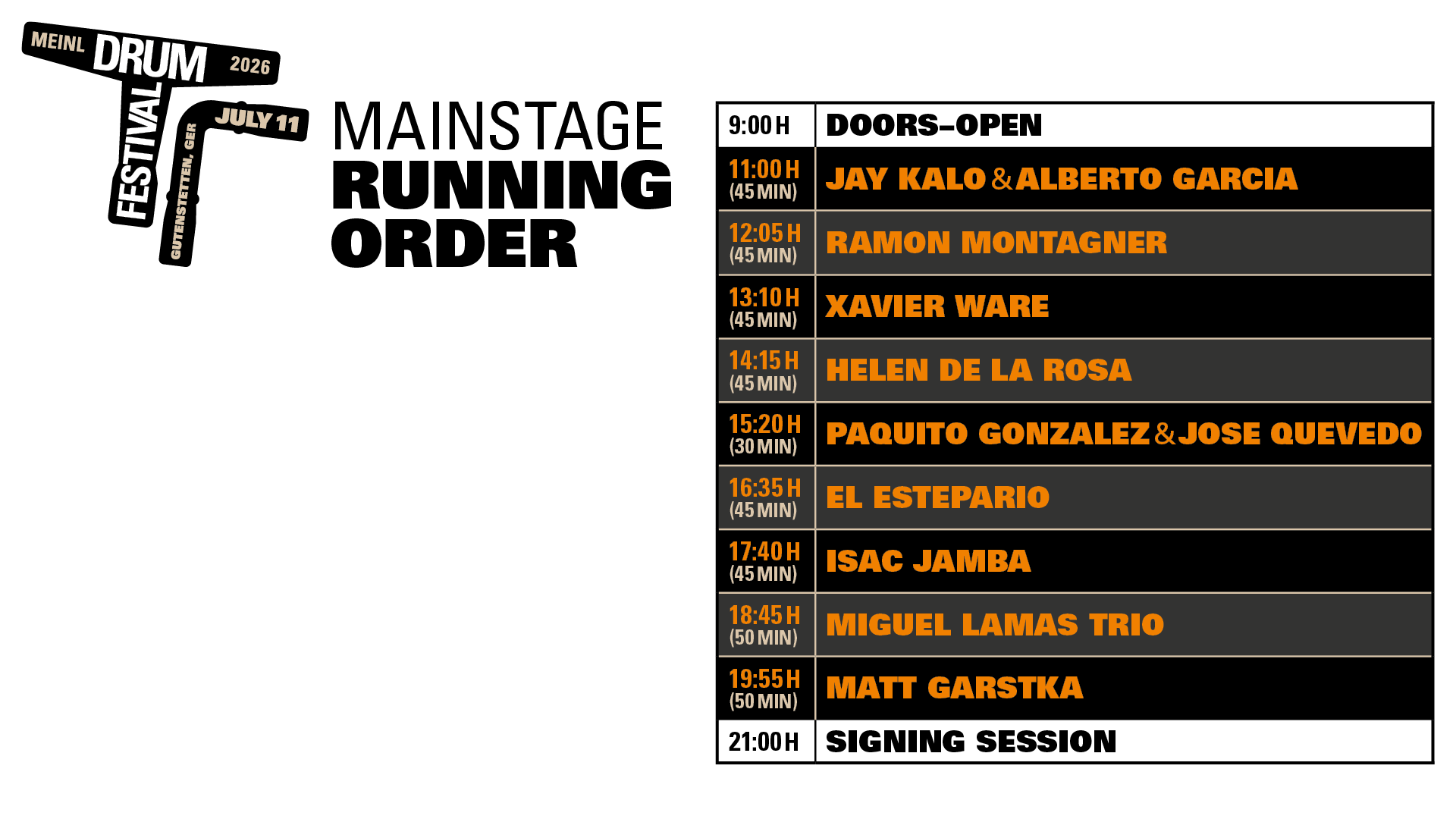 running order meinl drum festival